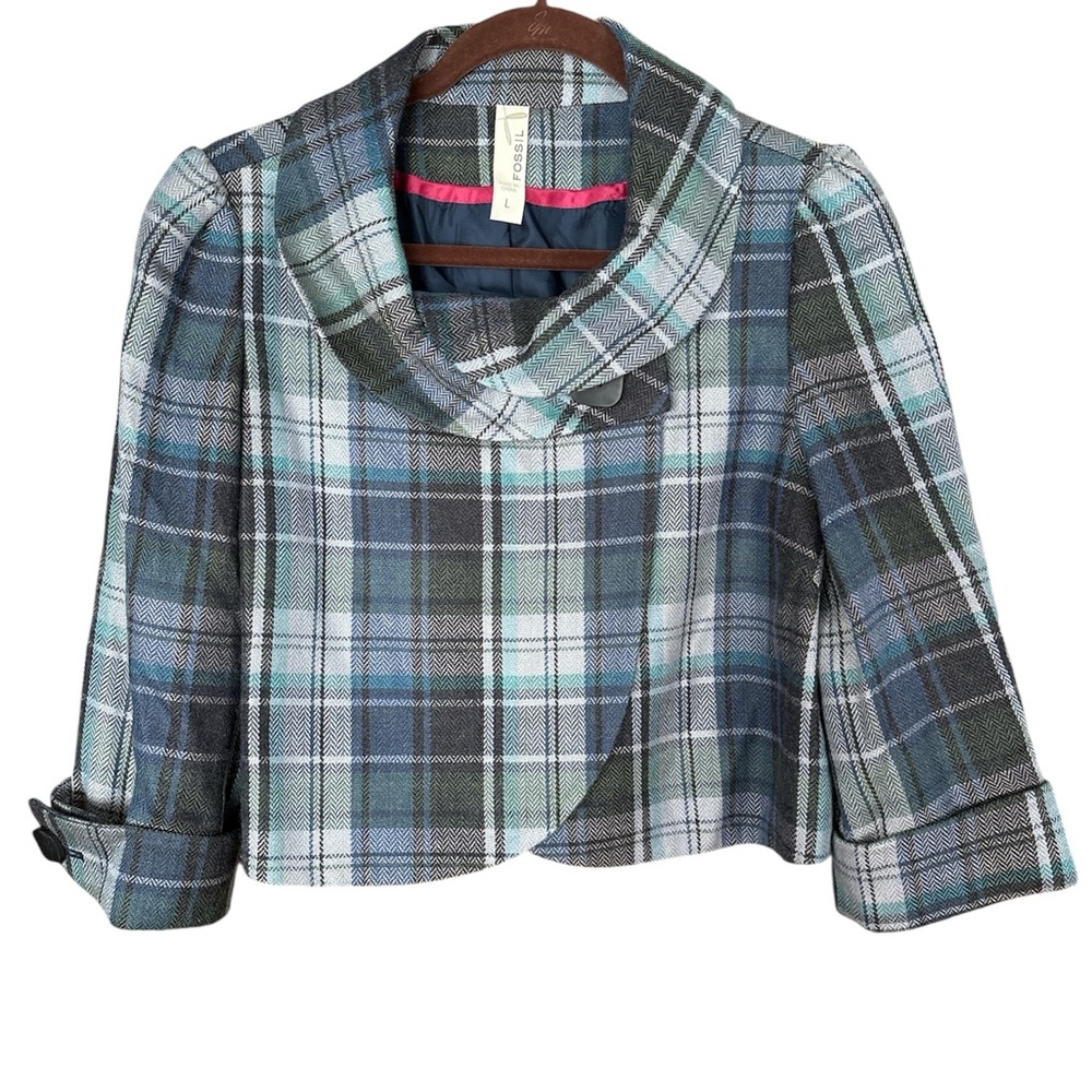 Fossil Blue Green Black Plaid Cropped Jacket Size Large